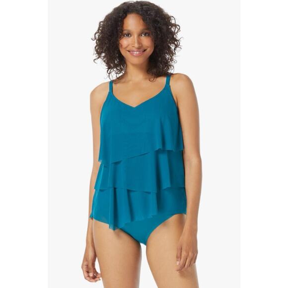 NEW Coco Reef Teal Tankini Top Size 38C Layered Mesh Flowey Loose Swimsuit XL - Picture 1 of 11